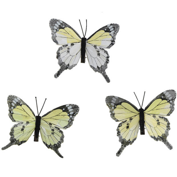 Decoris decoratie vlinders op clip - 3x - lichtgeel - 12 x 8 cm - Hobbydecoratieobject