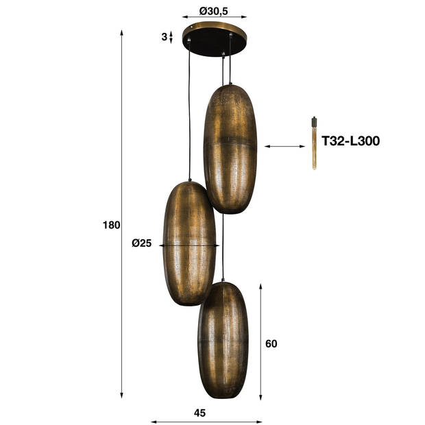 Giga Meubel - Hanglamp Metaal brons - 3-Lichts - 45x45x180cm