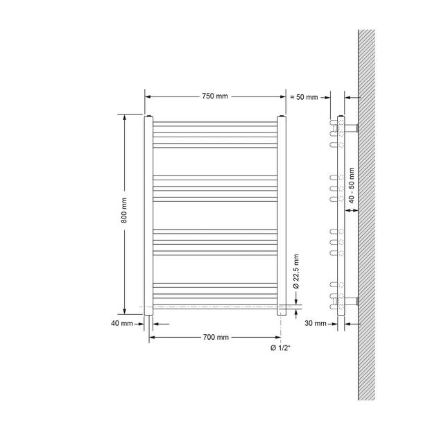 Badkamerradiator Sahara 750x800 mm wit gebogen met zijaansluiting LuxeBath