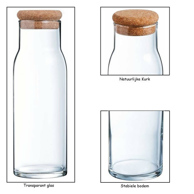 Migros Cucina & Tavola Glazen karaf met kurkstop voor water, sap, melk - 1000 ml - 2 Stuks