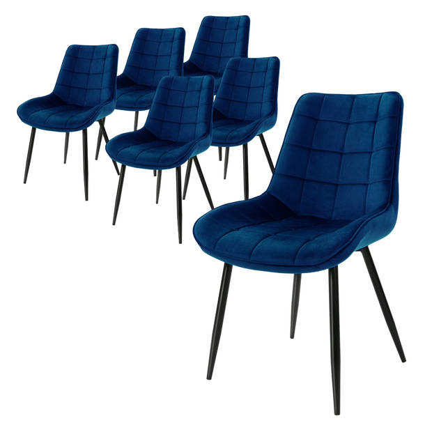 ML-Design Set van 6 Eetkamerstoelen met Rugleuning, Donkerblauw, Keukenstoel met Fluwelen Bekleding, Gestoffeerde Stoel