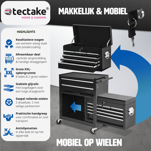 tectake® - Gereedschapswagen met 8 lades - zwart - 402803