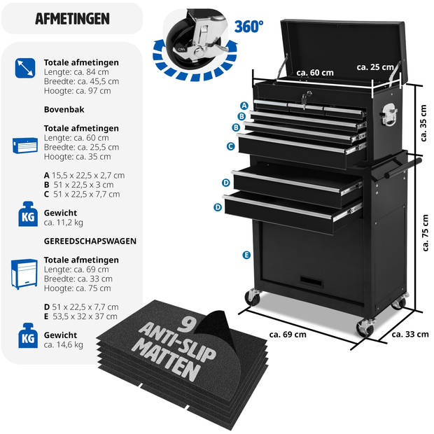 tectake® - Gereedschapswagen met 8 lades - zwart - 402803