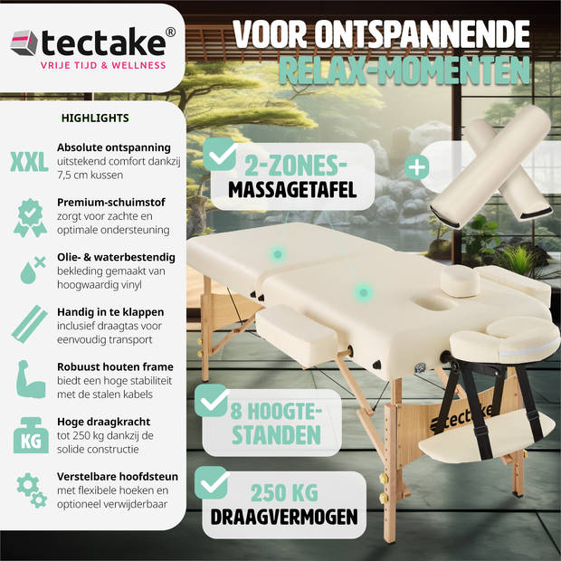 tectake® - Massagetafel met matras van 7,5 cm hoog + beige rolkussens en draagtas - 400420