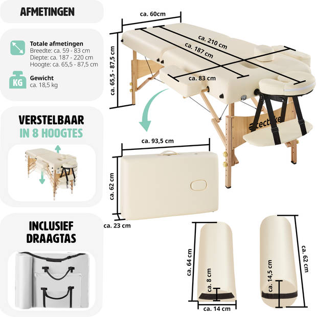 tectake® - Massagetafel met matras van 7,5 cm hoog + beige rolkussens en draagtas - 400420