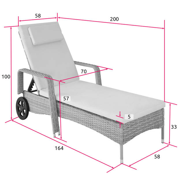 tectake® - Ligstoel - zonnebed - wicker - verstelbare rugleuning - zwart - afmetingen 200 x 70 x 33 cm - 404585