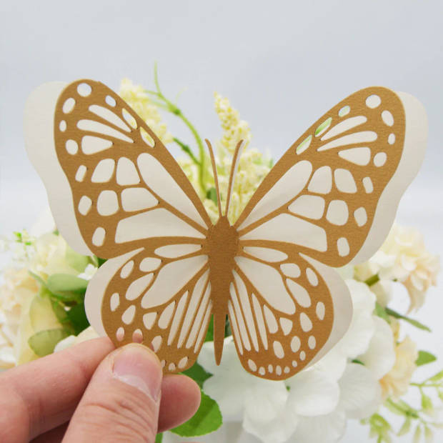 Cake topper 3D decoratie vlinders of muur decoratie met bijgeleverde plakkers 20 stuks Brons/Wit - 3D vlinders - VL-05