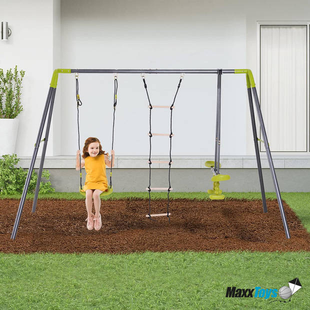 MaxxToys Schommelset - 3 schommel & touwladder - groen/grijs