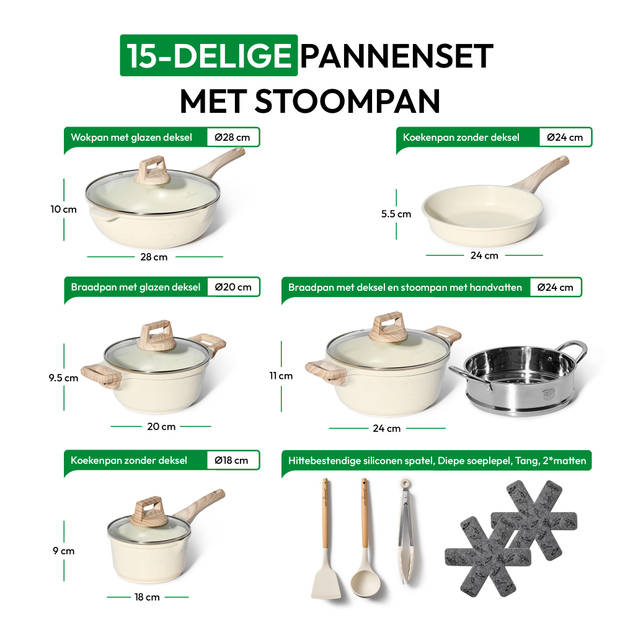 Just Perfecto 15 Delige Pannenset Inductie - Pannenset Met Deksel Voor Alle Waarmtebronnen