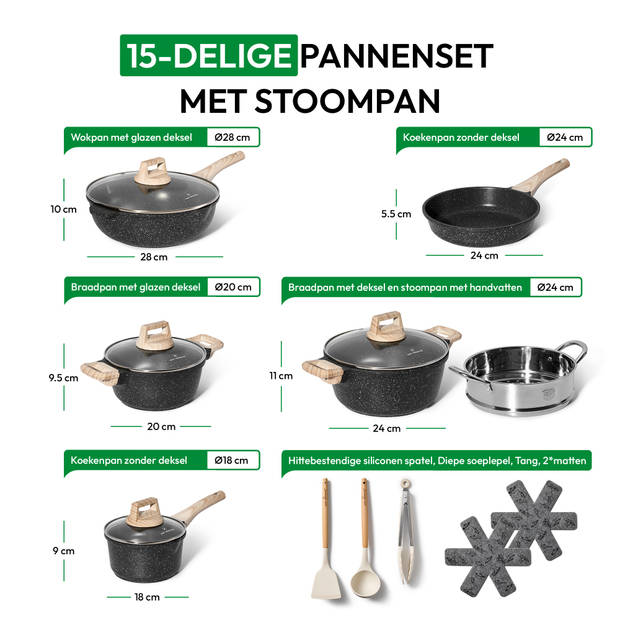 Just Perfecto 15 Delige Pannenset Inductie - Pannenset Met Deksel Voor Alle Waarmtebronnen