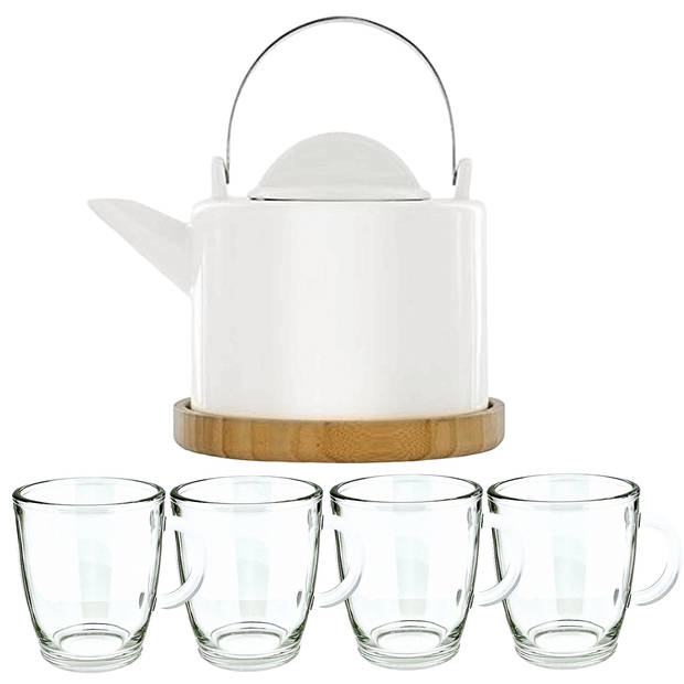 Cucina & Tavola Porseleinen theepot met infuser 1200ml, Incl 4 Theeglazen 300ML