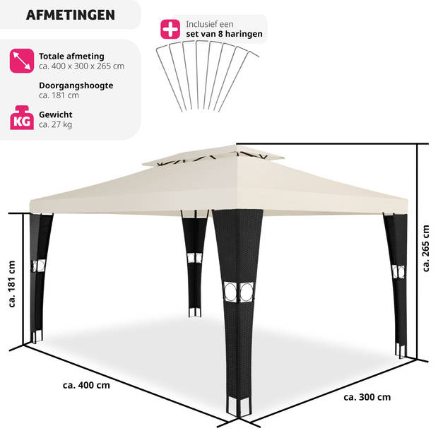 tectake® - Wicker tuinpaviljoen Mona 3x4m zwart/crème - 403261