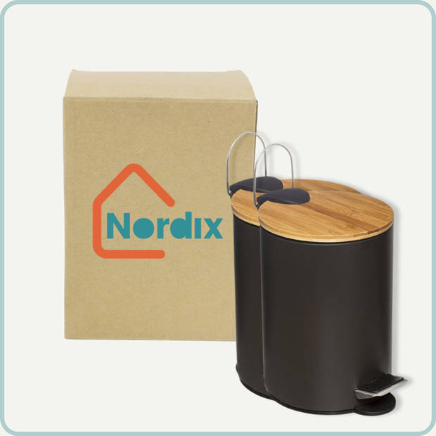 Nordix Pedaalemmer - Prullenbak - Zwart - 3 Liter - 2 Stuks - Bamboe en metaal