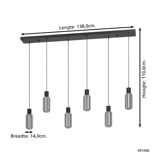 EGLO Majone hanglamp - E27 - Smoke glas - 138 cm - Zwart