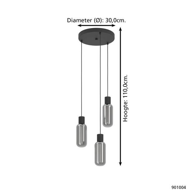 EGLO Majone hanglamp - E27 - Smoke glas - Ø30 cm - Zwart