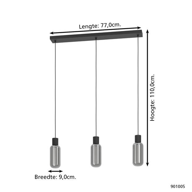 EGLO Majone hanglamp - E27 - Smoke glas - 77 cm - Zwart