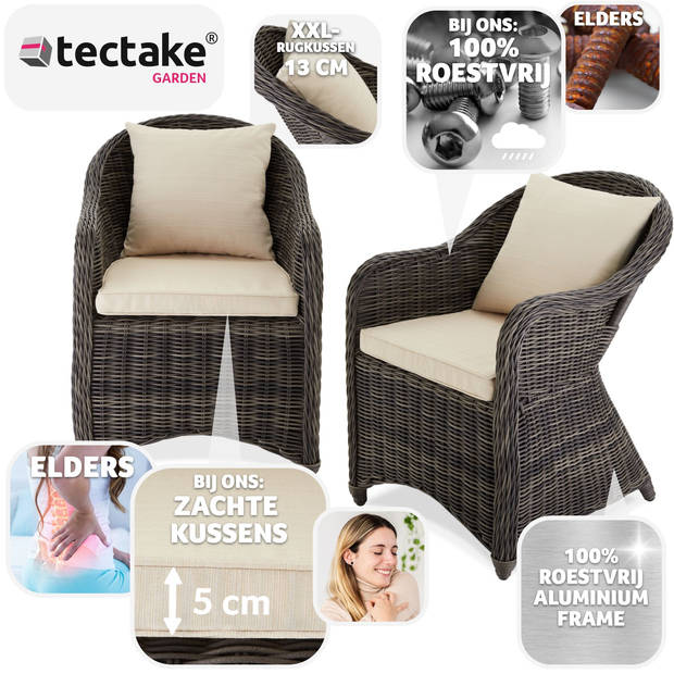 tectake® Aluminium Wicker Tuinstoel - Fauteuils - Set van 2 - Weerbestendig - Met Zachte Kussens & Wasbare Hoes - Grijs