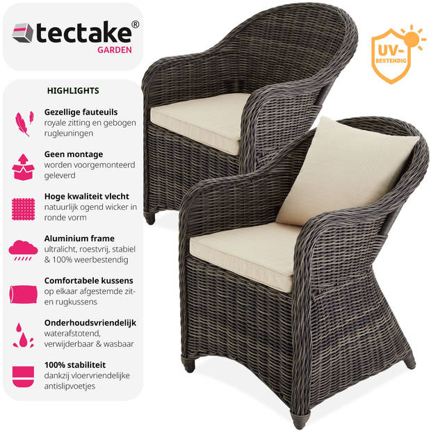 tectake® Aluminium Wicker Tuinstoel - Fauteuils - Set van 2 - Weerbestendig - Met Zachte Kussens & Wasbare Hoes - Grijs