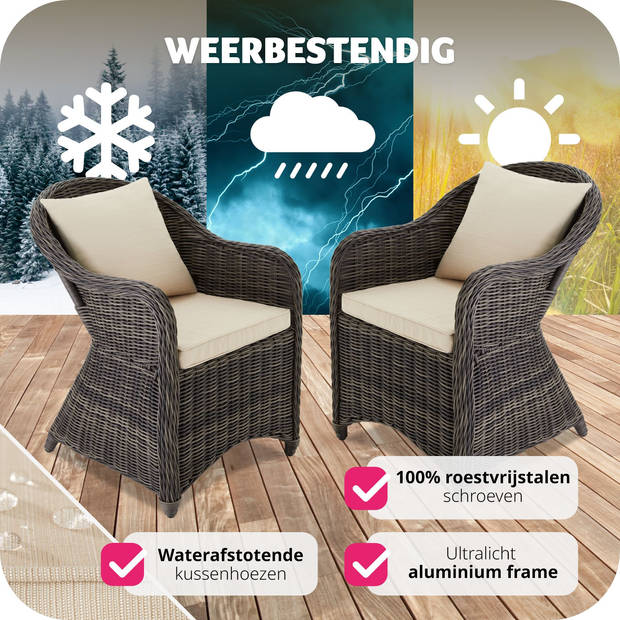 tectake® Aluminium Wicker Tuinstoel - Fauteuils - Set van 2 - Weerbestendig - Met Zachte Kussens & Wasbare Hoes - Grijs