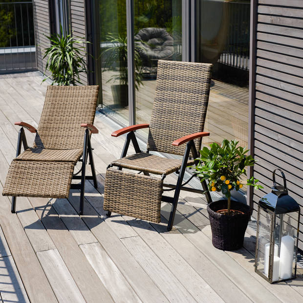 tectake® - Wicker tuinstoel opklapbaar met aluminium frame en voetsteun - bruin - 404576