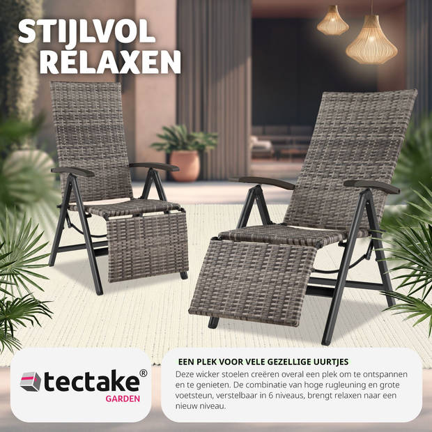 tectake® - Wicker tuinstoel opklapbaar met aluminium frame en voetsteun - grijs - 404577