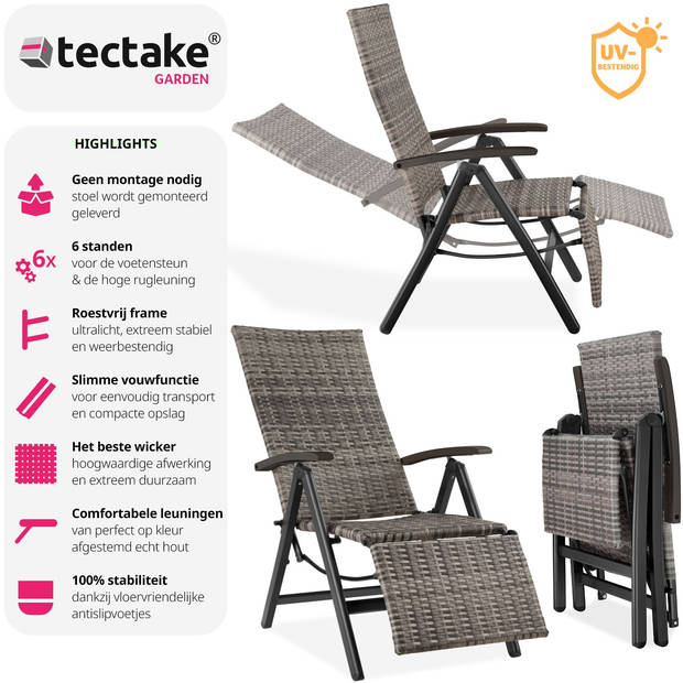 tectake® - Wicker tuinstoel opklapbaar met aluminium frame en voetsteun - grijs - 404577