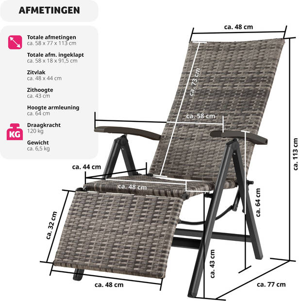 tectake® - Wicker tuinstoel opklapbaar met aluminium frame en voetsteun - grijs - 404577