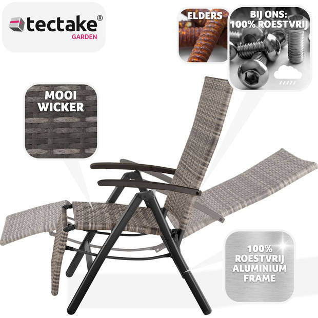 tectake® - Wicker tuinstoel opklapbaar met aluminium frame en voetsteun - grijs - 404577