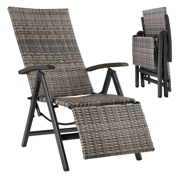 tectake® - Wicker tuinstoel opklapbaar met aluminium frame en voetsteun - grijs - 404577