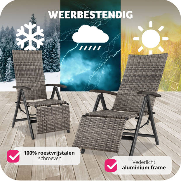 tectake® - Wicker tuinstoel opklapbaar met aluminium frame en voetsteun - grijs - 404577