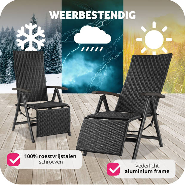 tectake® - Wicker tuinstoel opklapbaar met aluminium frame en voetsteun - zwart - 404575