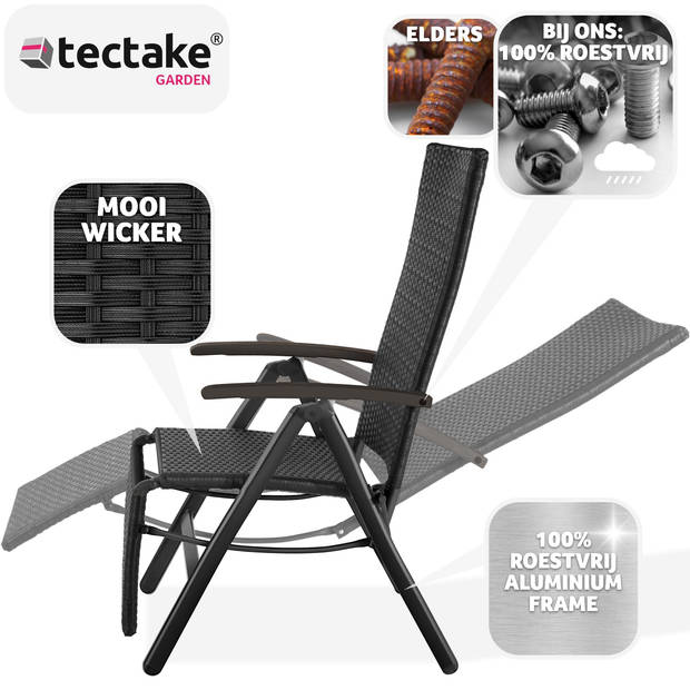 tectake® - Wicker tuinstoel opklapbaar met aluminium frame en voetsteun - zwart - 404575