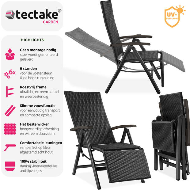 tectake® - Wicker tuinstoel opklapbaar met aluminium frame en voetsteun - zwart - 404575