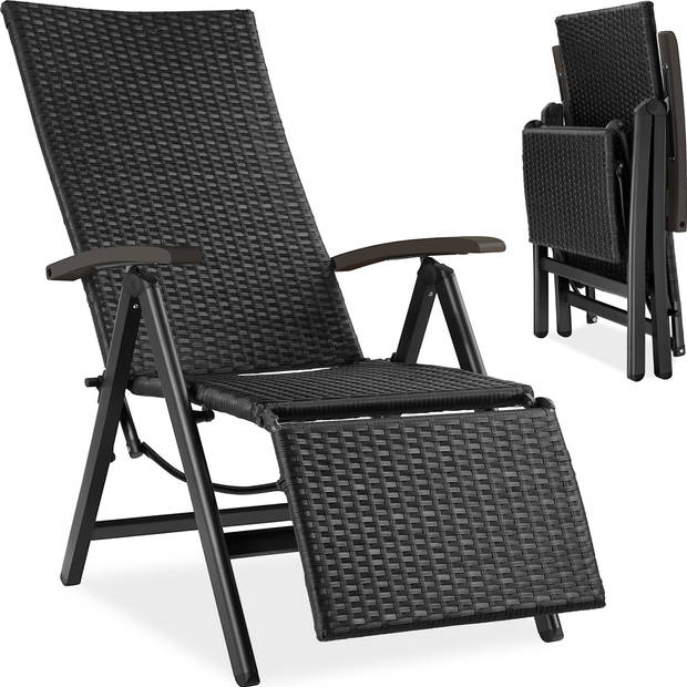 tectake® - Wicker tuinstoel opklapbaar met aluminium frame en voetsteun - zwart - 404575