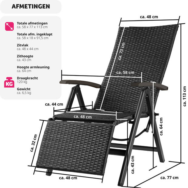 tectake® - Wicker tuinstoel opklapbaar met aluminium frame en voetsteun - zwart - 404575