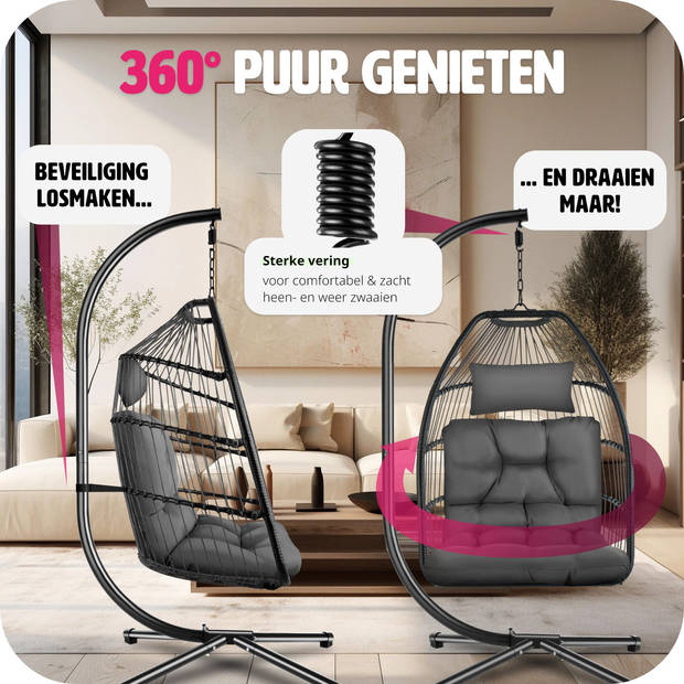 tectake® - Hangstoel Ariane met standaard en kussens - Egg Cocoon - 160kg - donkergrijs - 404980