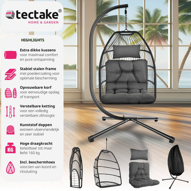 tectake® - Hangstoel Ariane met standaard en kussens - Egg Cocoon - 160kg - donkergrijs - 404980