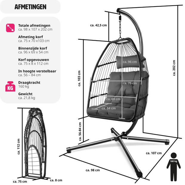 tectake® - Hangstoel Ariane met standaard en kussens - Egg Cocoon - 160kg - donkergrijs - 404980