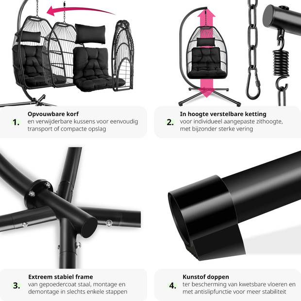 tectake® - Hangstoel Ariane met standaard en kussens 160kg – zwart - 404981