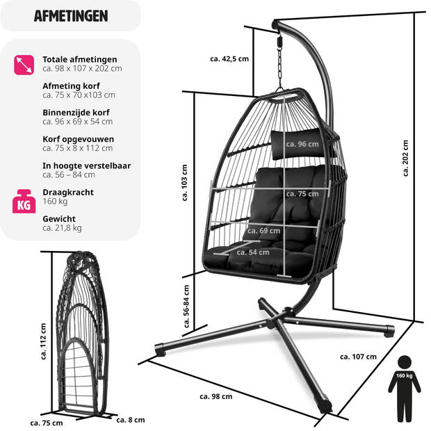 tectake® - Hangstoel Ariane met standaard en kussens 160kg – zwart - 404981