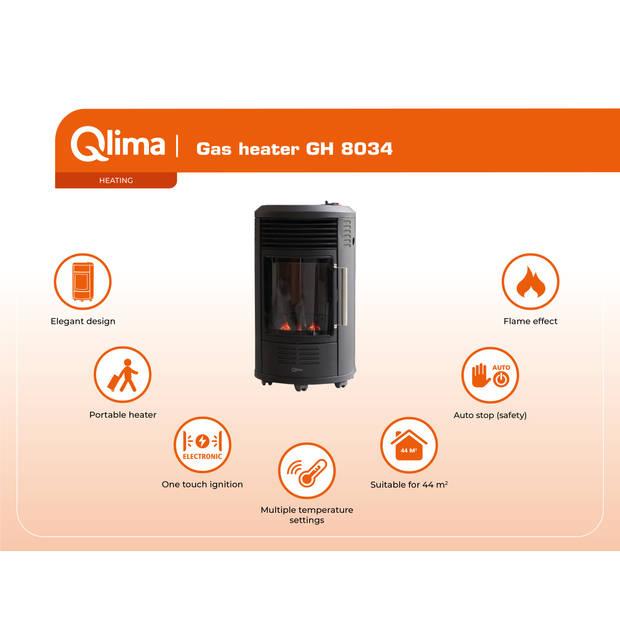 Qlima GH 8034 Mobiele Gaskachel - Zwart - 3400 Watt - Sfeervlam en kolen - 6 warmtestanden