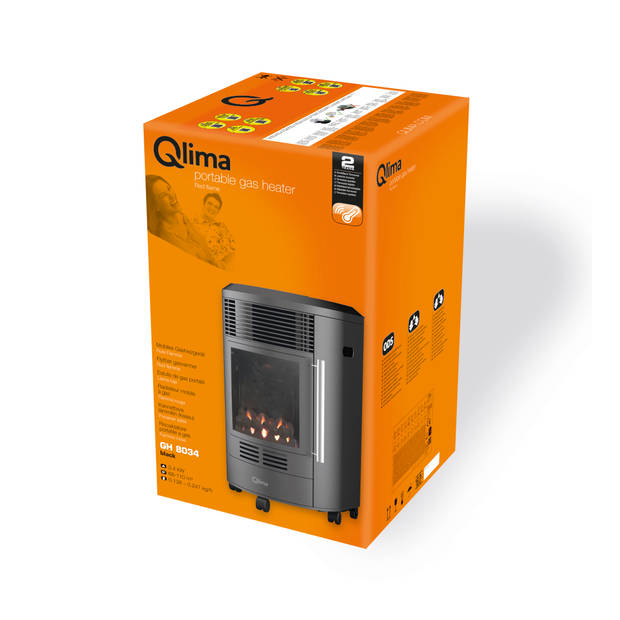 Qlima GH 8034 Mobiele Gaskachel - Zwart - 3400 Watt - Sfeervlam en kolen - 6 warmtestanden