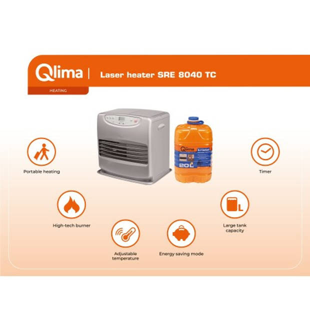 Qlima SRE 8040 TC Petroleumkachel - Zilver - 4000 Watt - Timerfunctie - Kinderslot - Omvalbeveiliging
