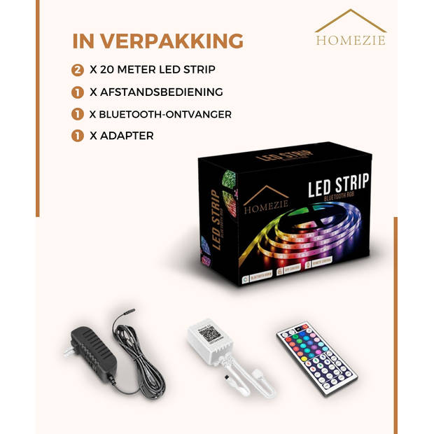 Homezie Led strip 40 meter Met app en afstandsbediening RGB Zelfklevend 30 leds per m