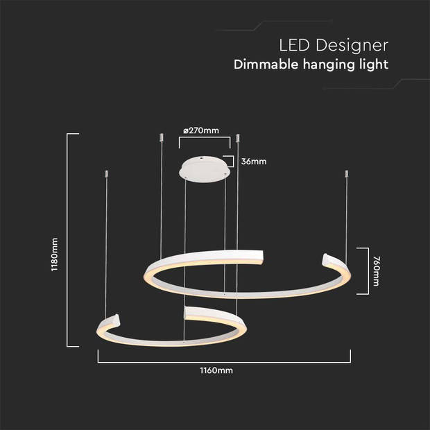 V-TAC VT-7914-W Designer plafondlampen - Designer hanglampen - IP20 - Witte behuizing - 48 watt - 5150 lumen - 3000K