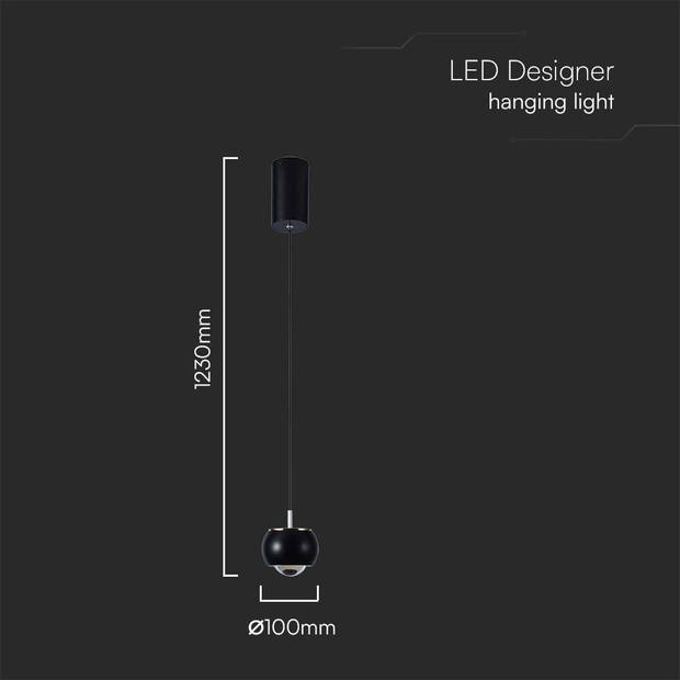 V-TAC VT-7830-B Designer plafondlampen - Designer hanglampen - IP20 - Zwarte behuizing - 9 Watt - 1000 Lumen - 3000K -