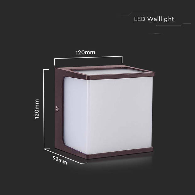 V-TAC VT-708 LED wandlamp - Buiten Square Lights - IP65 - Bruin Lichaam - 8 Watts - 750 Lumen - 3000K