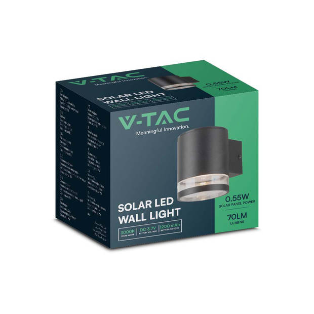 V-TAC VT-1145 Solarlampen - Wandlamp op zonne-energie - IP54 - Zwarte behuizing - 70 lumen - 3000K