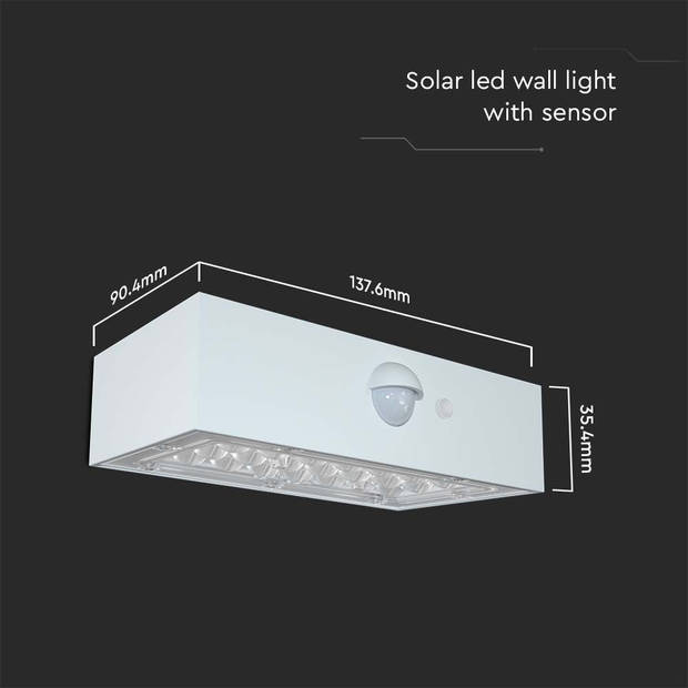 V-TAC VT-403-W wandlamp op zonne-energie - Sensor - IP65 - Witte behuizing - 3 Watt - 350 Lumen - 4000K+3000K
