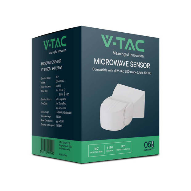 V-TAC VT-80301 Magnetron - Bewegingssensor - IP65 - Witte behuizing - 5 jaar